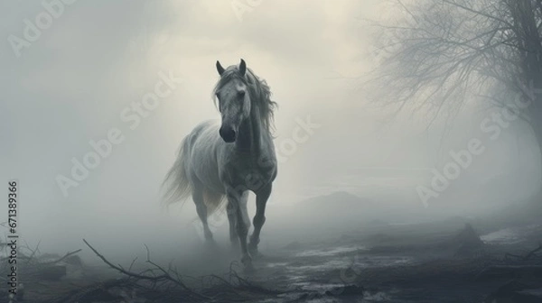 Obraz  a white horse running through a foggy forest with trees in the foreground and a body of water in the background.  generative ai