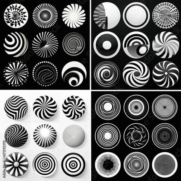 Fototapeta set of black and white circles swirl sphere curl spiral curve print effect shiny round graphic twirl motion optical geometric