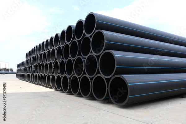Obraz PE pipe plant, Industrial PE pipeline for gas and water. HDPE pipe, Polyethylene PE100 pipe. Polyethylene pipe plant