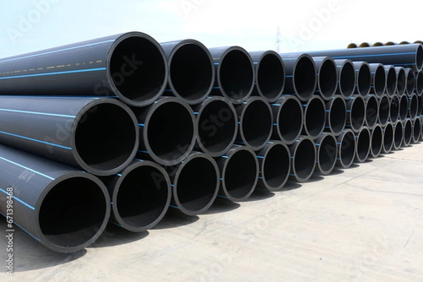 Obraz PE pipe plant, Industrial PE pipeline for gas and water. HDPE pipe, Polyethylene PE100 pipe. Polyethylene pipe plant