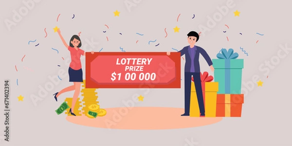 Obraz Happy jackpot winner. Lottery game, people holding winning check , Lucky guys, business and investments , Flat vector recent couple with big win , Victory concept