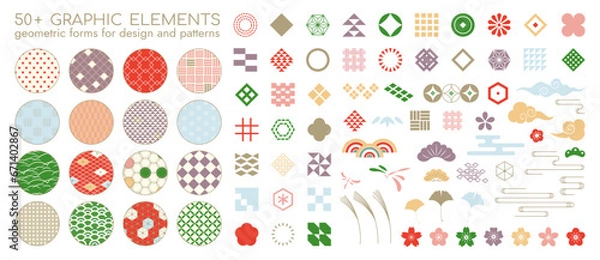 Fototapeta Set of Oriental Vector Elements. Geometric Modern Patterns with Chinese, Japanese, and Korean Symbols. Abstract Designs with Sakura, Bamboo, and Knots for Logo, Poster, and Vintage Style Presentation.