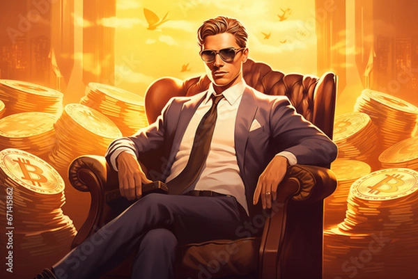 Fototapeta wealthy businessman sitting on a chair surrounded by bitcoin - crypto millionaire