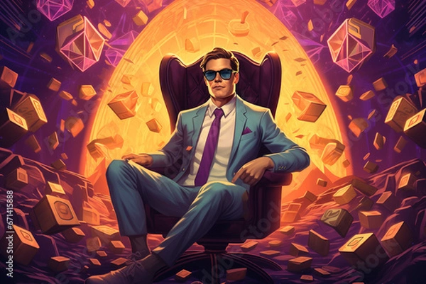 Fototapeta wealthy businessman sitting on a chair surrounded by bitcoin - crypto millionaire