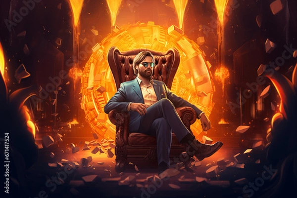 Fototapeta wealthy businessman sitting on a chair surrounded by bitcoin - crypto millionaire