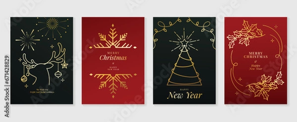 Fototapeta Luxury christmas invitation card art deco design vector. Christmas tree, snowflake, firework, reindeer line art on black and red background. Design illustration for cover, print, poster, wallpaper.