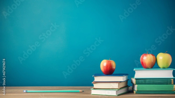 Fototapeta Back to school conception, table with objects, blue blackboard