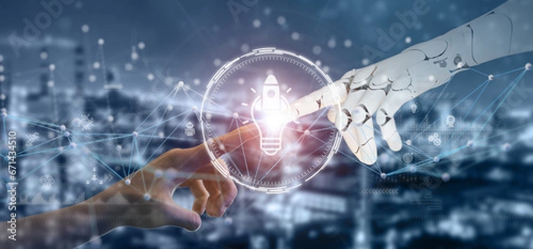 Fototapeta Using AI to generate business ideas. Artificial intelligence tool help business to identify potential opportunities for new products or services, creative ideas or content. AI adoption for business..