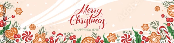 Obraz Merry Christmas and happy new year background. Card decorated with different winter plants, cookies and sweets. Vector illustration