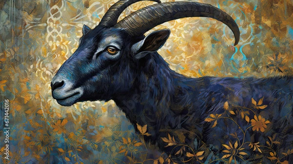 Obraz A painting of a black goat with horns and yellow flowers for Eid Al Adha
