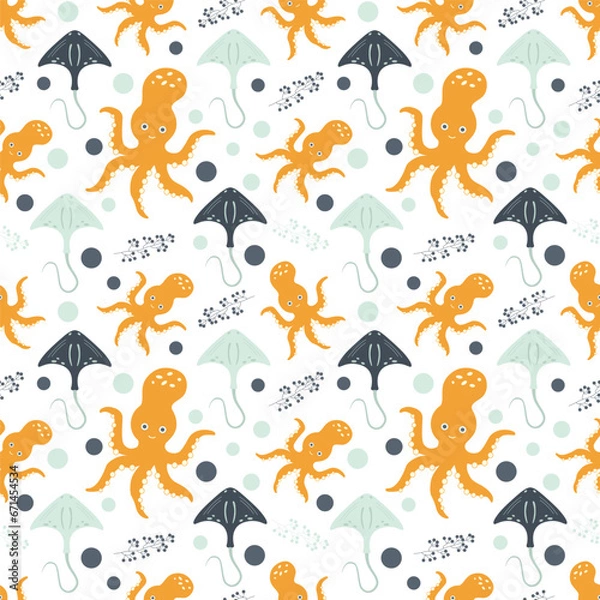Fototapeta Seamless pattern with sea animals. Octopuses, stingrays in the ocean among marine plants on a white background. Vector illustration. Design for baby dough, packaging, wallpaper