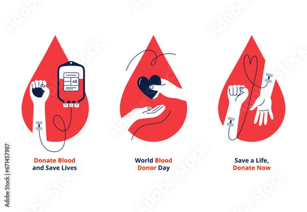 Fototapeta Blood donation concepts. Giving and transfusion of blood, helping people. Vector flat illustrations on a white background.