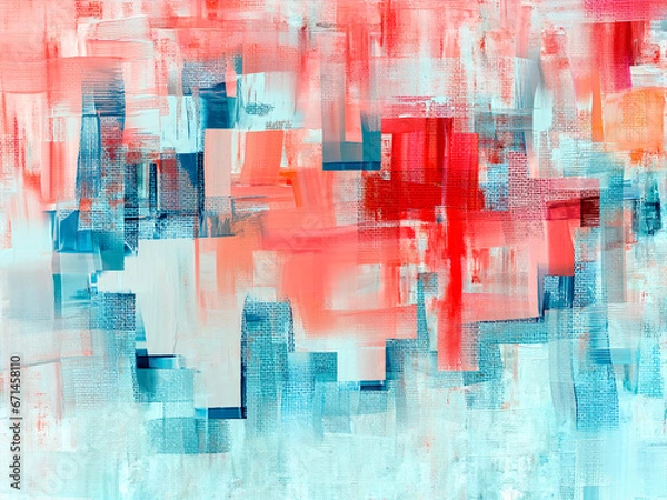 Fototapeta Abstract painting on canvas for cover, with accents of turquoise blue and orange red paint, hand-drawn artwork in a modern style