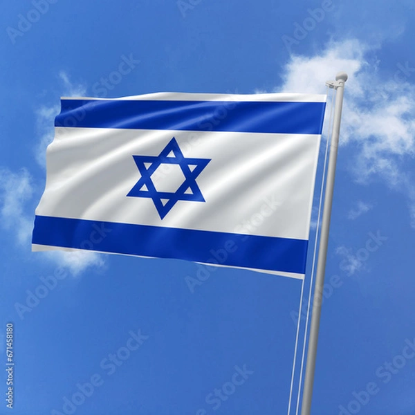 Fototapeta Israel flag fluttering in the wind on sky.