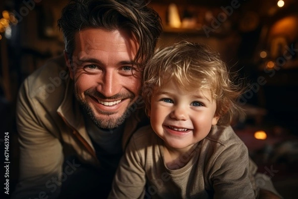 Fototapeta Happy father's day. Parents and children being friends. Portrait of cheerful and joyful father and son smiling together to camera, spending time at home together. Single dad concept