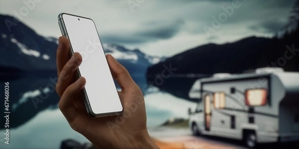 Fototapeta CU Caucasian male using his phone near the RV in the evening. Phone mockup