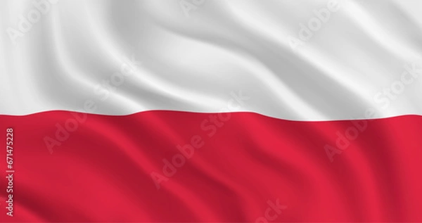 Fototapeta National flag of Poland flutters in the wind. Wavy Polish Flag. Close-up front view. Red and White flag. 3D Render. Realistic 3d vector graphics