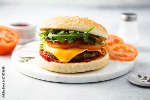 Fototapeta Traditional homemade cheeseburger with arugula