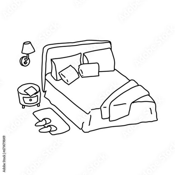 Fototapeta cute cozy bedroom with pillows bedside tables, night light in simple cartoon style in vector