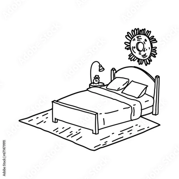 Fototapeta cute cozy bedroom with pillows bedside tables, night light in simple cartoon style in vector