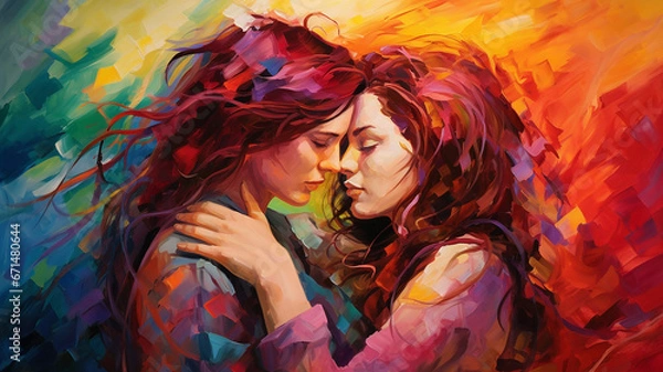 Fototapeta Two beautiful girls in love with long hair, hugging each other, against the background of a multicolored rainbow