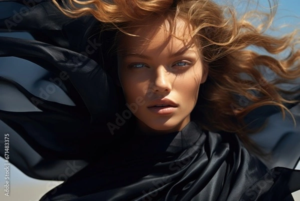 Fototapeta Photo of a beautiful woman surrounded by light flowing fabric blowing in the wind, close-up