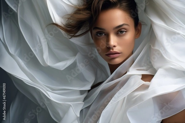 Fototapeta Photo of a beautiful woman surrounded by a light flowing fabric that flutters in the wind, close-up