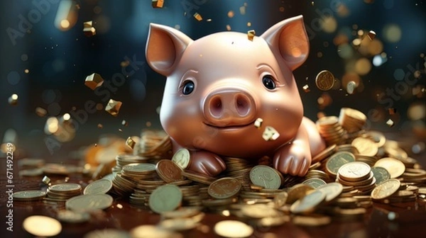Fototapeta A piggy bank, money case, case, bag with a pastel blue, ping, gold background. Gradient cyberpunk background. Splash of gold, money, and coins. Flowers explosion. Fantasy butterflies. Nice like TVC, s