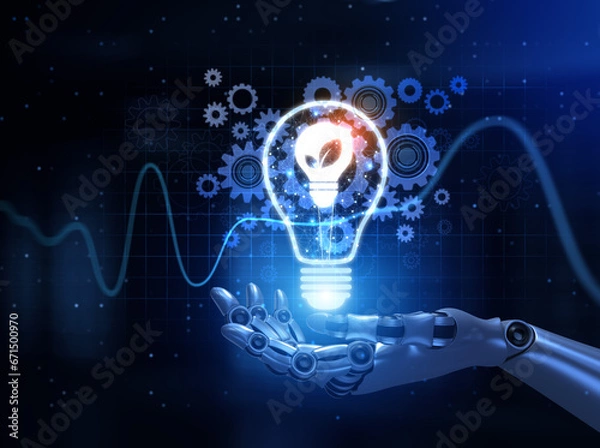 Fototapeta Green energy renewable zero waste. Robotic hands pressing button 3d render.