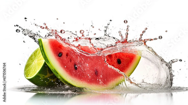 Obraz Watermelon slices are being thrown into a water splash.