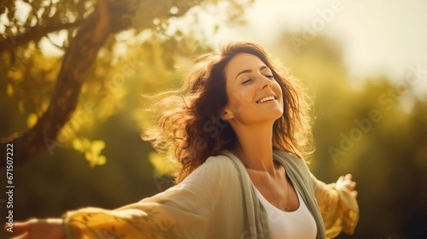 Obraz Happy woman surrounded by nature feels world around closes eyes taking deep breath. Love inside you. Smiling Caucasian woman enjoys freedom feeling happy with closed eyes and taking deep breath.