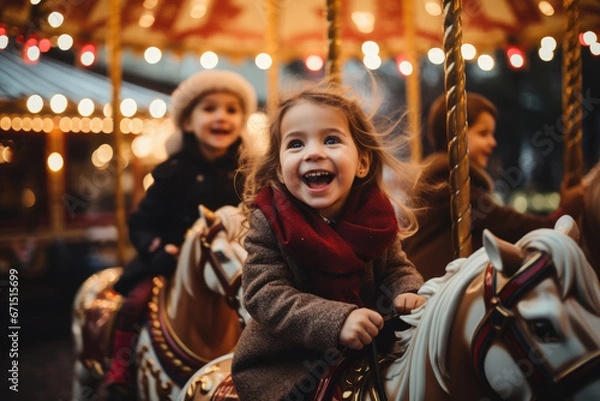 Obraz Christmas Market Carousel - Children joyfully riding a vintage carousel adorned with festive lights - AI Generated