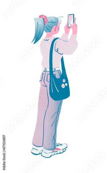 Obraz スマホで写真を撮る若い女性