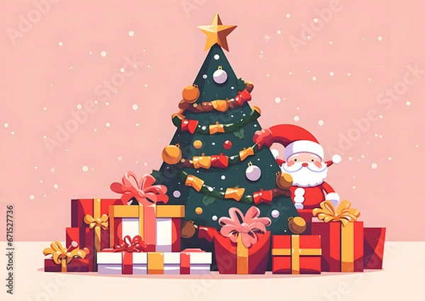 Fototapeta Christmas background, vector and illustration style. Retro Xmas decoration with tree, Santa Claus when winter.