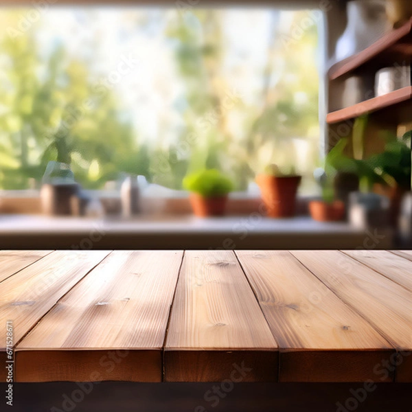 Obraz Wooden Table on Blurred Kitchen Bench Background - Empty Wooden Table and Blurred Kitchen Scene, Generative AI