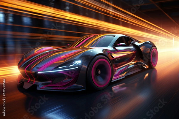 Fototapeta Futuristic sports car in high-speed motion. The dynamic composition showcases the car's sleek design, blazing trail of lights and innovation. Ai generated