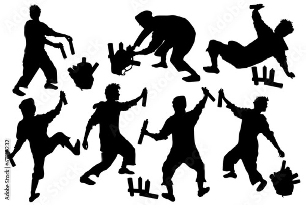 Fototapeta Silhouettes of tagger with a backpack and sprays
