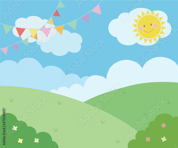 Fototapeta Background illustration with green hills and smiling sun