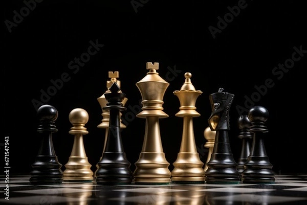 Fototapeta In the battlefield of intellect, the king stands commanding and victorious among the chess pieces.