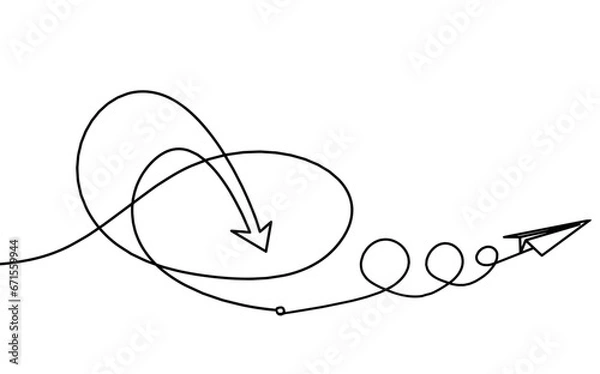 Obraz Abstract continuous lines arrows with paper plane drawing on white as background. Vector