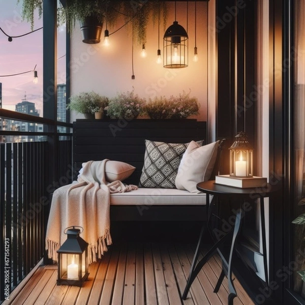 Fototapeta A cozy balcony at dusk with a black railing and a black bench with a beige cushion and a white throw blanket. There is a small black table with an open book and a lit lantern on it