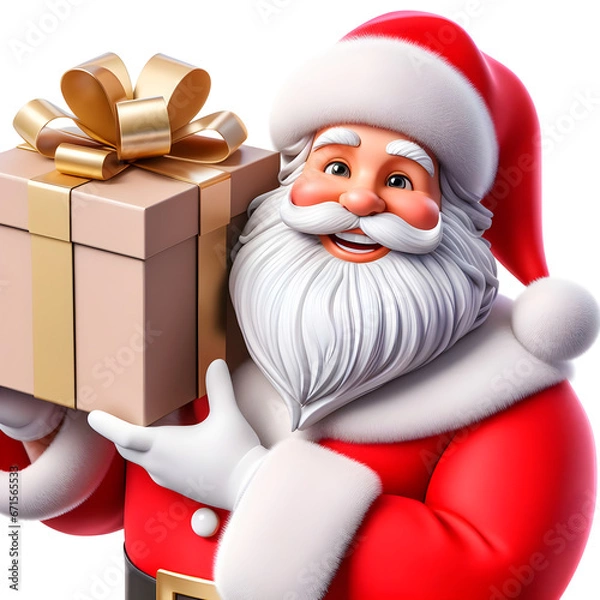 Fototapeta Santa Claus in 3d, smiling and holding a big package of cream gifts.white background