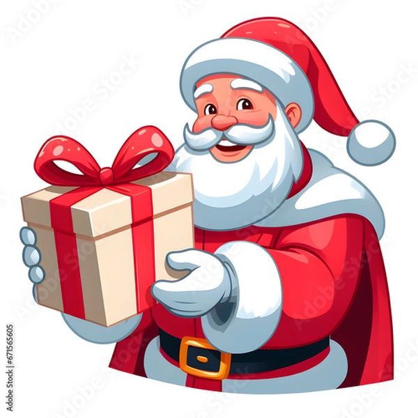 Fototapeta Santa Claus cartoon, smiling and holding a big package of cream gifts.white background