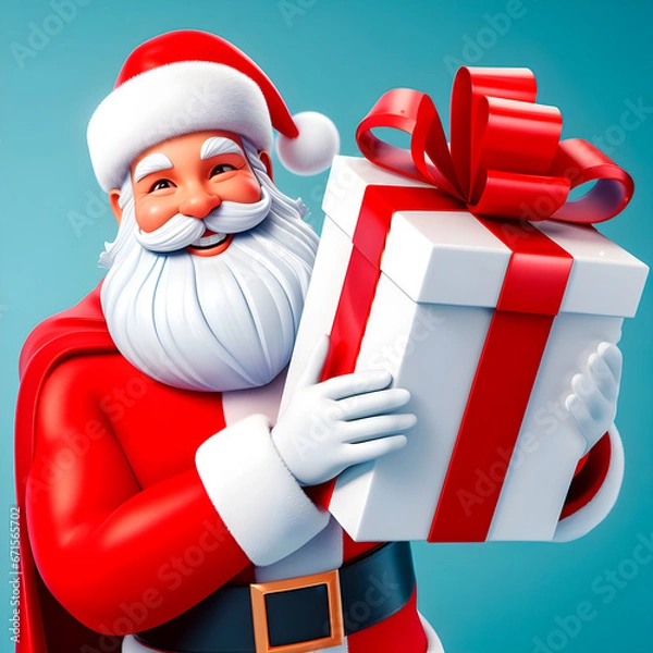 Fototapeta Santa Claus in 3d, smiling and holding a big white gift package.