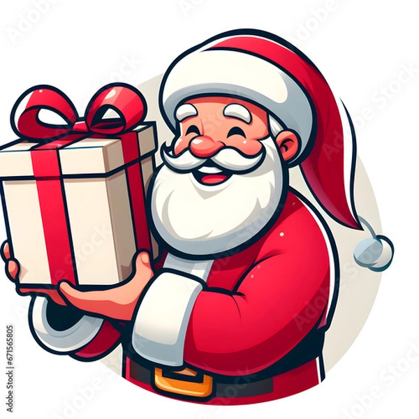 Fototapeta Santa Claus , smiling and holding a big red gift package. The character wears a typical Santa Claus costume, with a red cape and white hat.