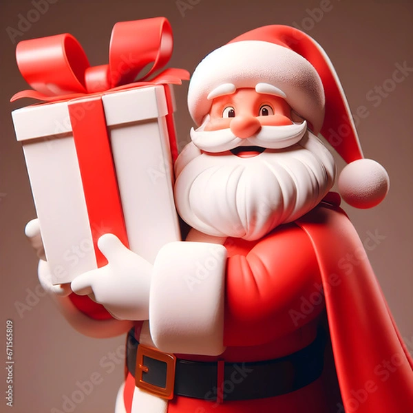Fototapeta Santa Claus in 3d, smiling and holding a big red gift package. The character