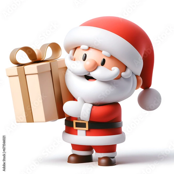 Fototapeta Santa Claus in 3d, smiling and holding a big red gift package. The character wears a typical Santa Claus costume, with a red cape and white hat.