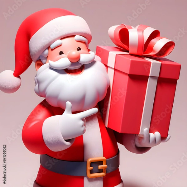 Fototapeta Santa Claus in 3d, smiling and holding a big package of gifts. The character is wearing a typical 