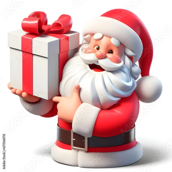 Fototapeta Santa Claus in 3d, smiling and holding a big package of gifts. The character is wearing a typical Santa Claus costume, with a red cape