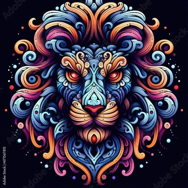Fototapeta A digital art image of a lion_s head with a colorful and intricate design. The lion_s head is symmetrical and fills the entire image